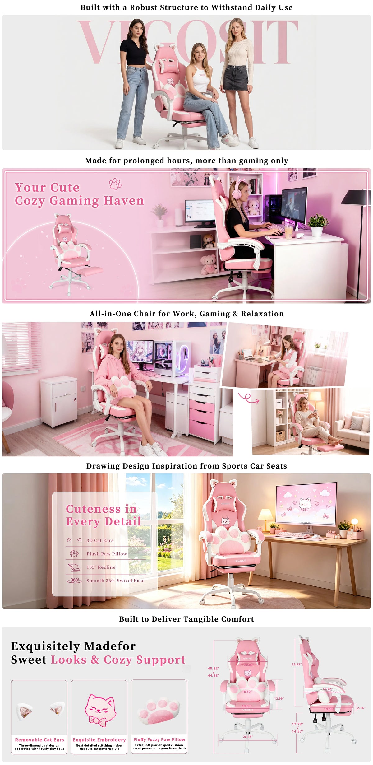 Vigosit Gaming Chair Cute Ears and Kawaii Pillow Ergonomic Computer Game Chair for Girls with Lumbar Support