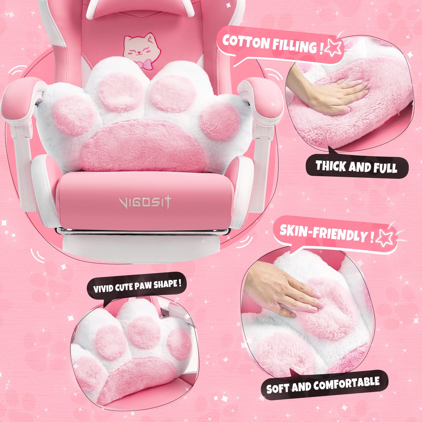 Vigosit Gaming Chair Cute Ears and Kawaii Pillow Ergonomic Computer Game Chair for Girls with Lumbar Support