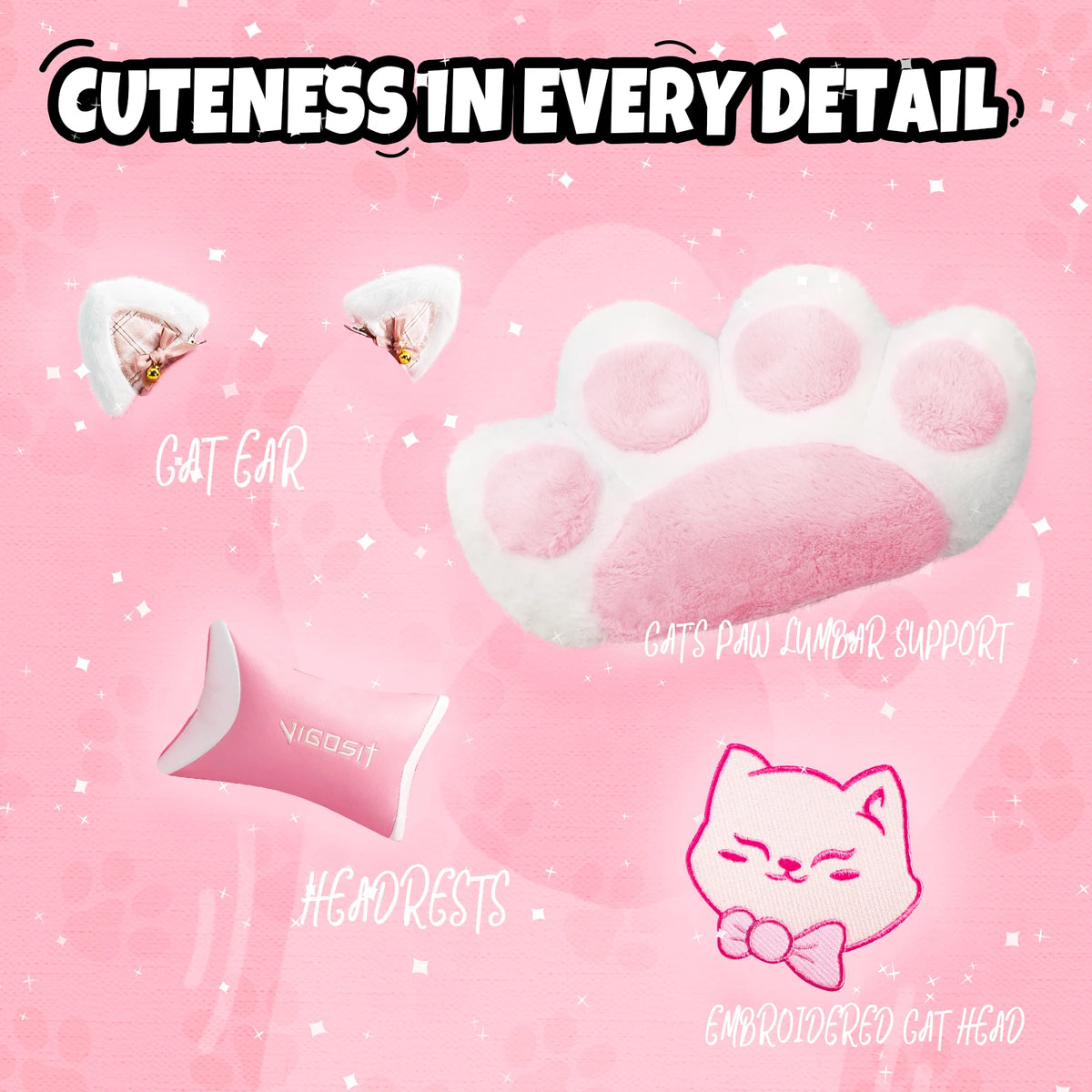 Vigosit Gaming Chair Cute Ears and Kawaii Pillow Ergonomic Computer Game Chair for Girls with Lumbar Support