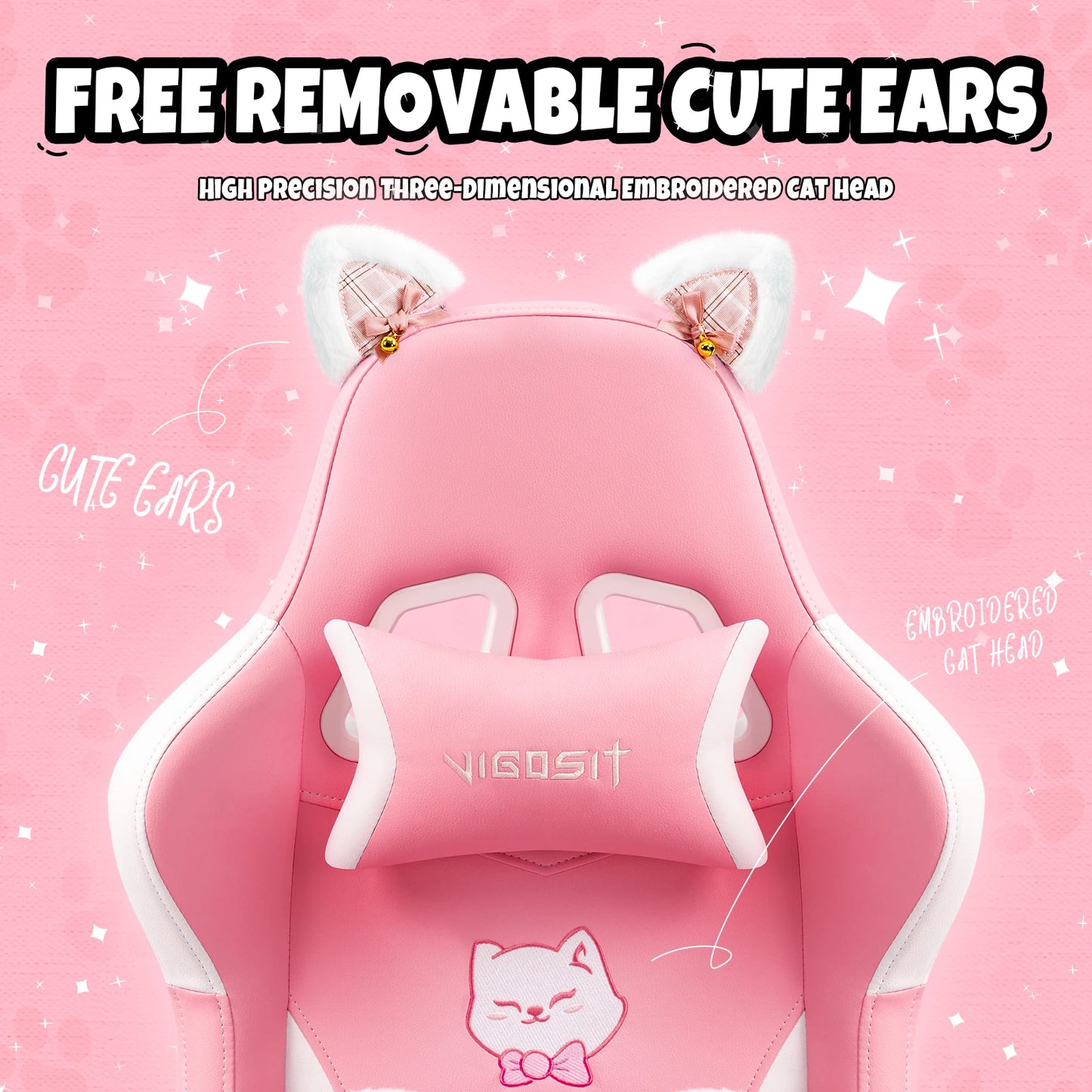 Vigosit Gaming Chair Cute Ears and Kawaii Pillow Ergonomic Computer Game Chair for Girls with Lumbar Support