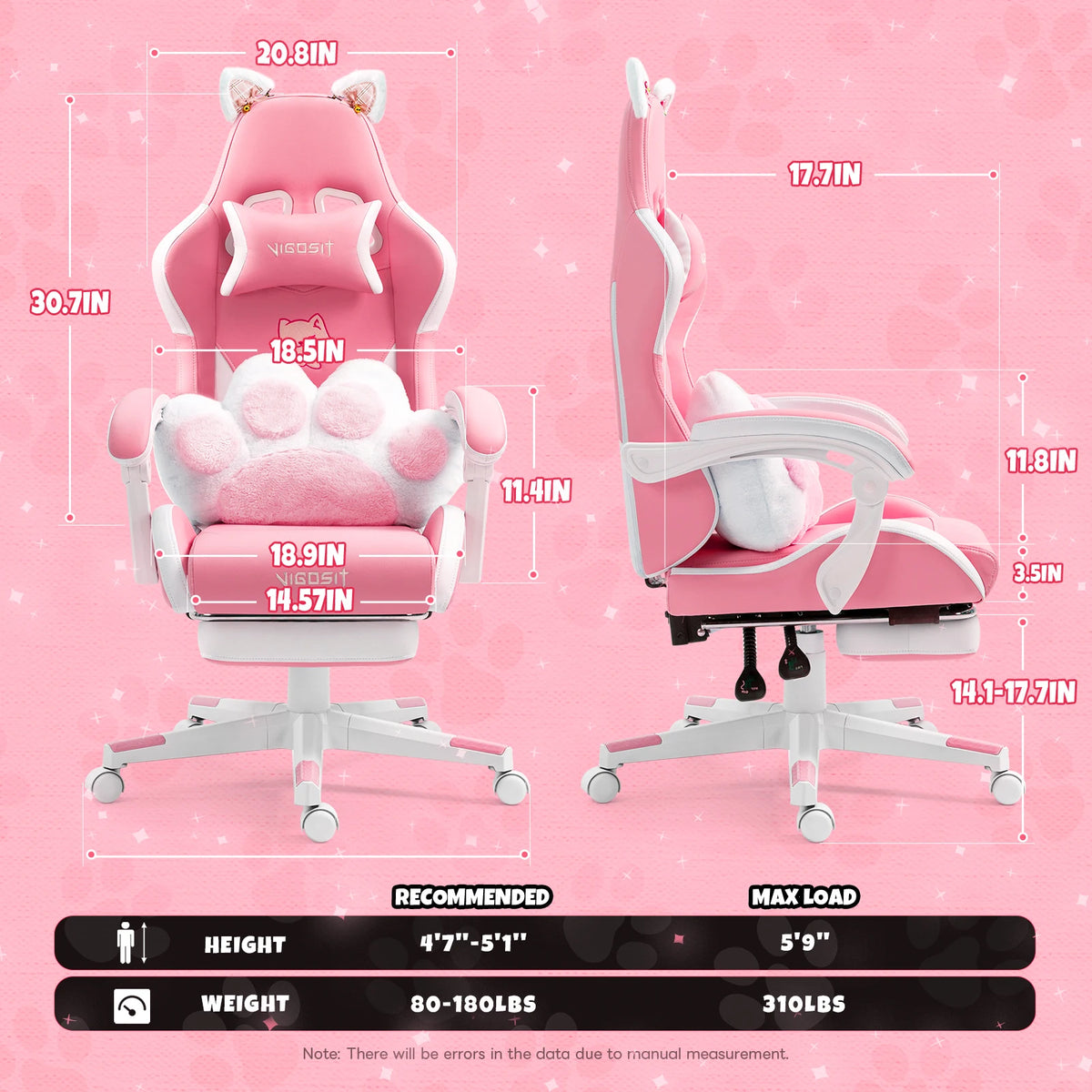 Vigosit Gaming Chair Cute Ears and Kawaii Pillow Ergonomic Computer Game Chair for Girls with Lumbar Support