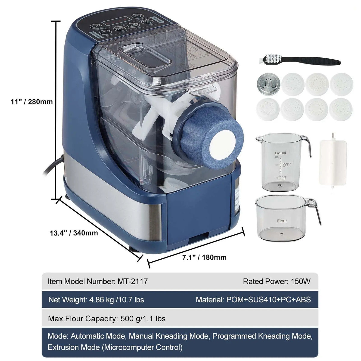 Electric Pasta Maker, 150W Automatic Noodle Maker Machine with 8 Pasta Shapes, 4 Intelligent Modes, 500g Flour Capacity Pasta Maker Machine with Measuring Cups, Cleaning Brush for Home Kitchen