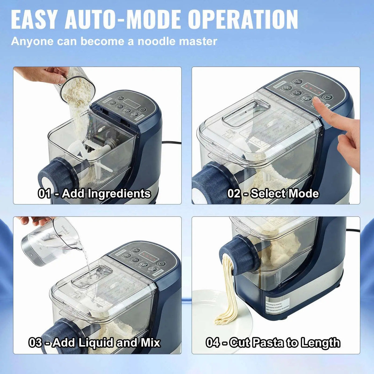Electric Pasta Maker, 150W Automatic Noodle Maker Machine with 8 Pasta Shapes, 4 Intelligent Modes, 500g Flour Capacity Pasta Maker Machine with Measuring Cups, Cleaning Brush for Home Kitchen