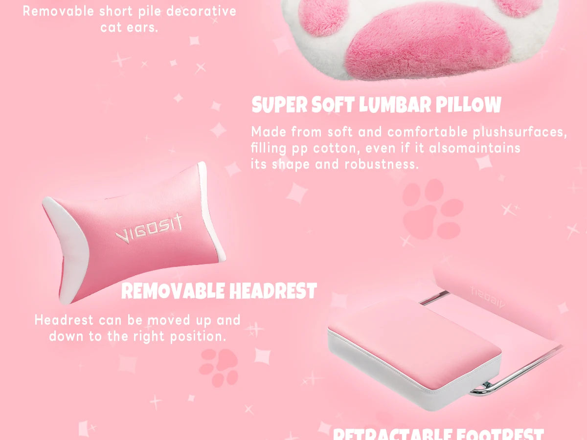 Vigosit Gaming Chair Cute Ears and Kawaii Pillow Ergonomic Computer Game Chair for Girls with Lumbar Support