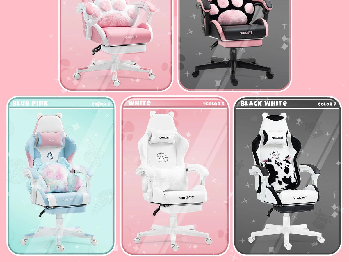 Vigosit Gaming Chair Cute Ears and Kawaii Pillow Ergonomic Computer Game Chair for Girls with Lumbar Support