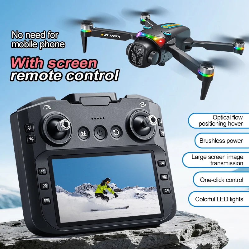 ZNLYRION K21MAX Foldable Brushless Drone With Screen Remote EIS Dual Electric Camera Optical Flow Hover Colorful LED Light RC Quadcopter