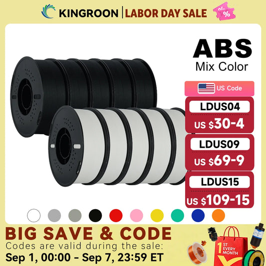 KINGROON 5KG(11LBS) ABS Filament 1.75mm High Strength Toughness 3D Printer Material Black White Multicolor ABS 1kg*5 Roll