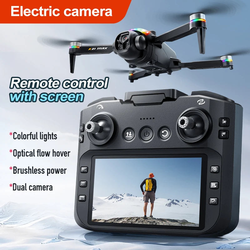 ZNLYRION K21MAX Foldable Brushless Drone With Screen Remote EIS Dual Electric Camera Optical Flow Hover Colorful LED Light RC Quadcopter