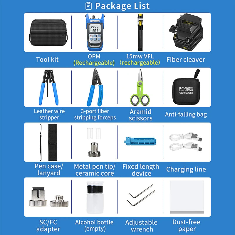 Fiber Optic Tool Kit With S-6C Fiber Cleaver Optical Power Meter(OPM) 15mw Visual Fault Locator(VFL) Fiber Stripper FTTH Tools
