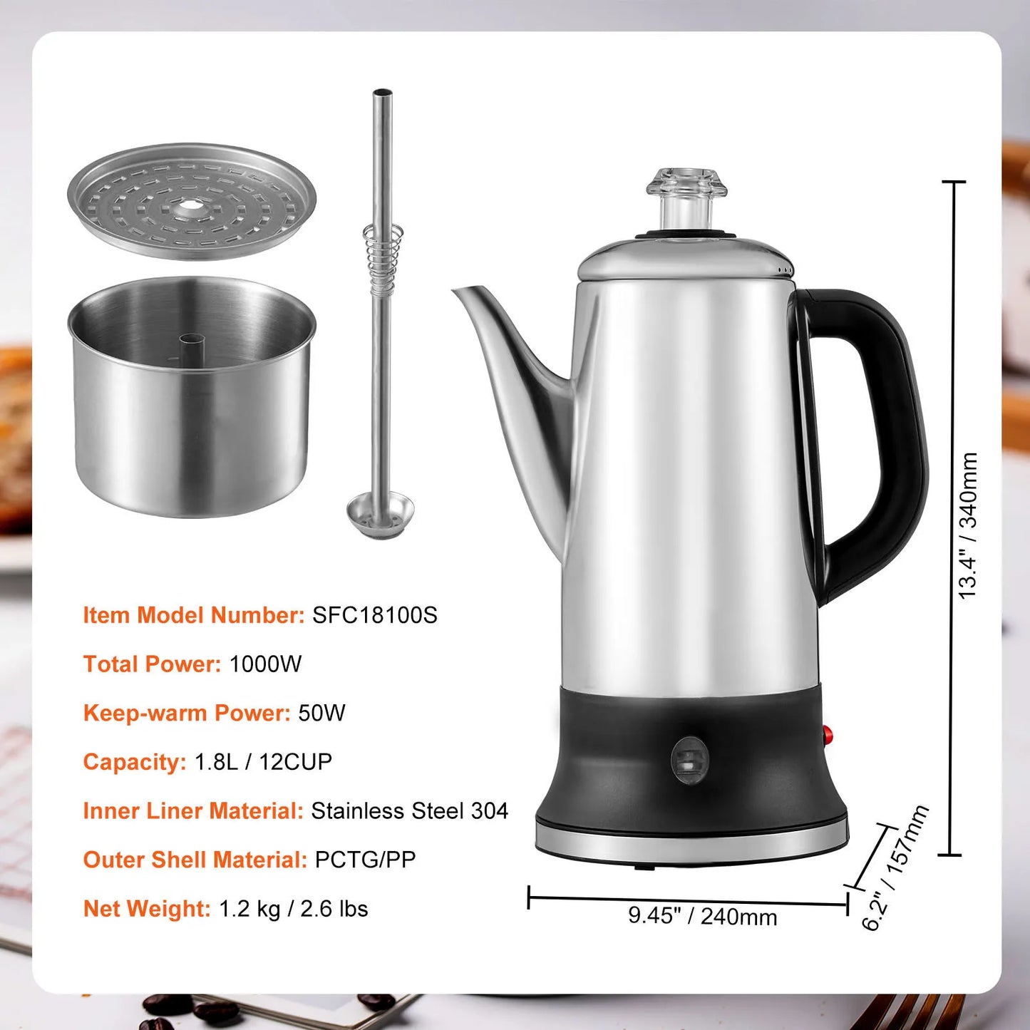 SucceBuy 12-Cup Electric Percolator Coffee Pot 304 Stainless Steel Coffee Percolator with Keep Warm Function