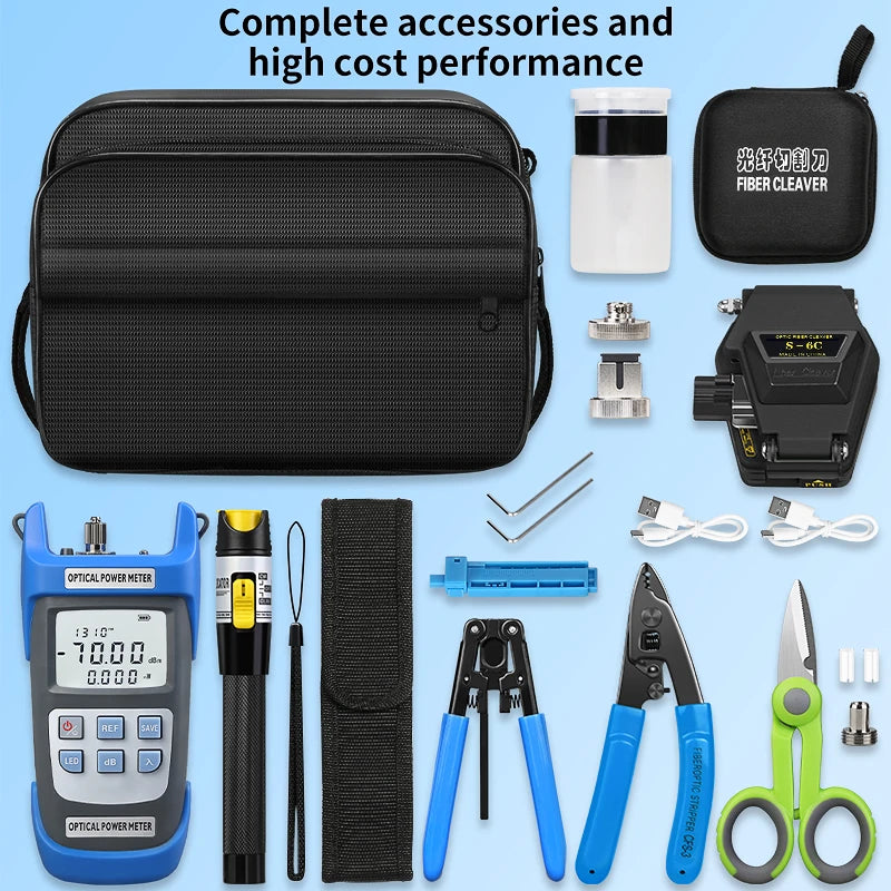 Fiber Optic Tool Kit With S-6C Fiber Cleaver Optical Power Meter(OPM) 15mw Visual Fault Locator(VFL) Fiber Stripper FTTH Tools