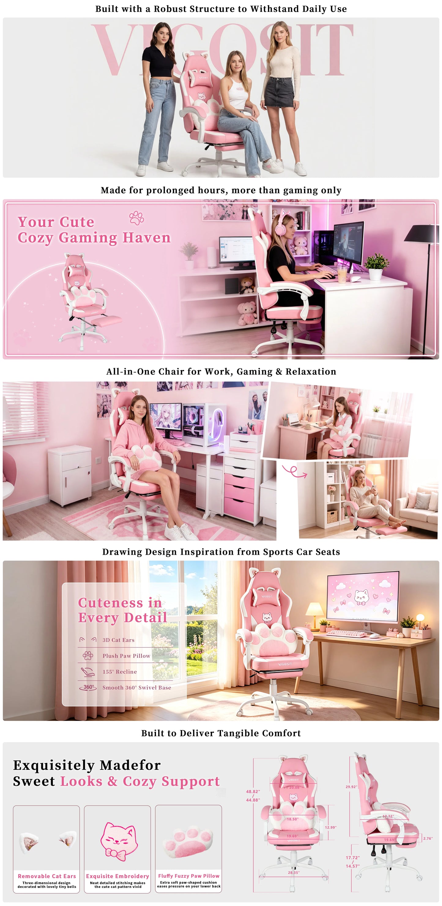 Vigosit Gaming Chair Cute Ears and Kawaii Pillow Ergonomic Computer Game Chair for Girls with Lumbar Support