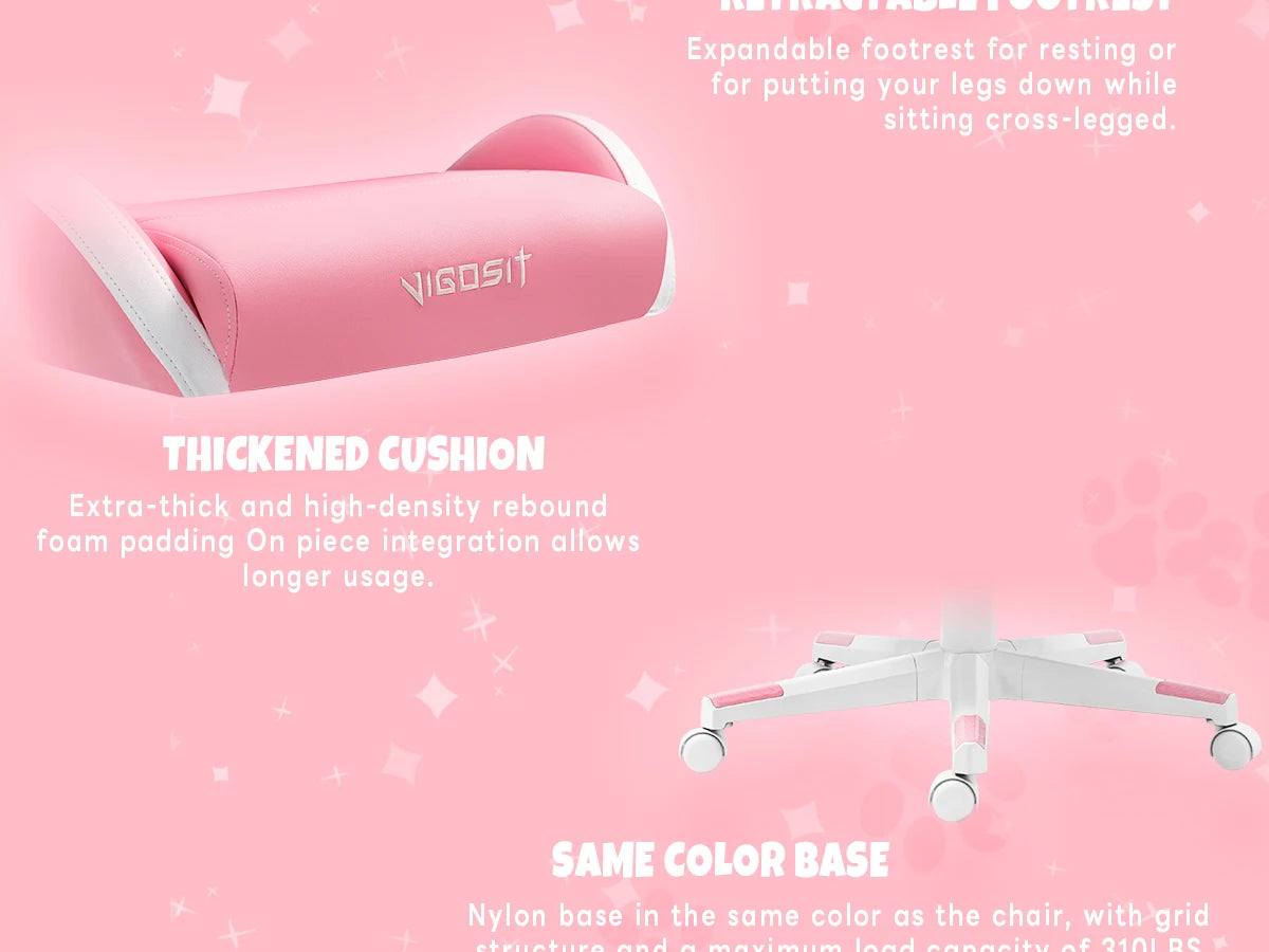 Vigosit Gaming Chair Cute Ears and Kawaii Pillow Ergonomic Computer Game Chair for Girls with Lumbar Support